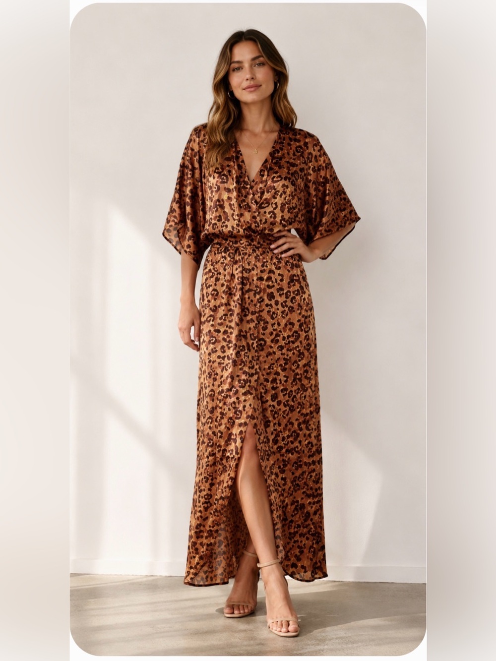 LEZAT NWT Leopard Print Satin Maxi Wrap Dress XS Dolman Kimono Sleeve